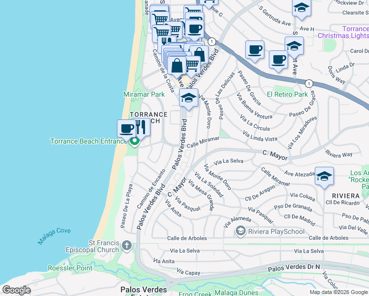 map of restaurants, bars, coffee shops, grocery stores, and more near 375 Camino de las Colinas in Redondo Beach