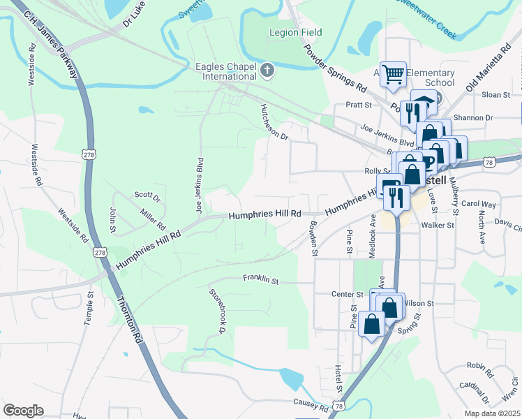 map of restaurants, bars, coffee shops, grocery stores, and more near 3042 Humphries Hill Road in Austell
