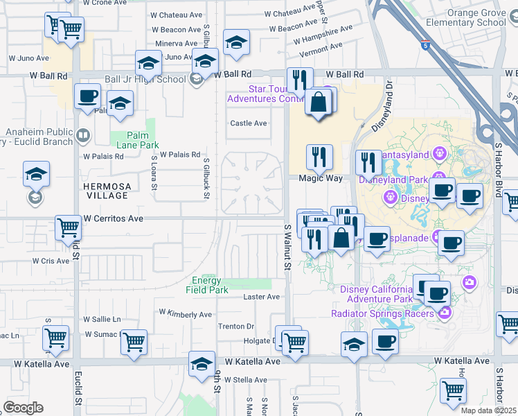 map of restaurants, bars, coffee shops, grocery stores, and more near 1321 West Cerritos Avenue in Anaheim