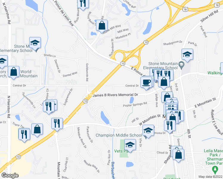 map of restaurants, bars, coffee shops, grocery stores, and more near 1096 Ferndale Street in Stone Mountain
