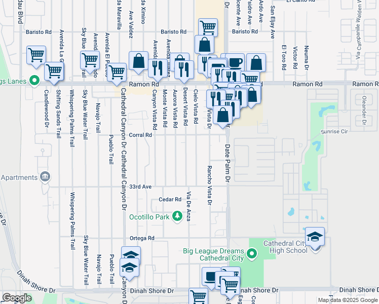 map of restaurants, bars, coffee shops, grocery stores, and more near 32602 Desert Vista Road in Cathedral City