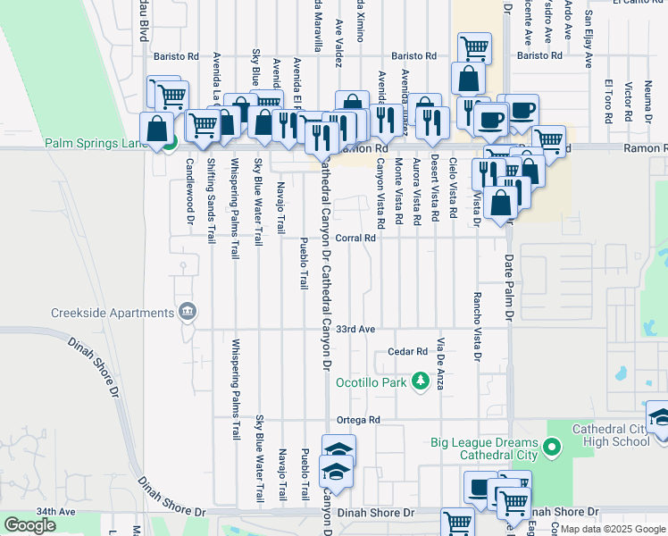 map of restaurants, bars, coffee shops, grocery stores, and more near 32609 Wishing Well Trail in Cathedral City