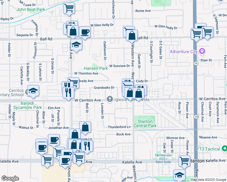 map of restaurants, bars, coffee shops, grocery stores, and more near 10392 Westchester Drive in Stanton