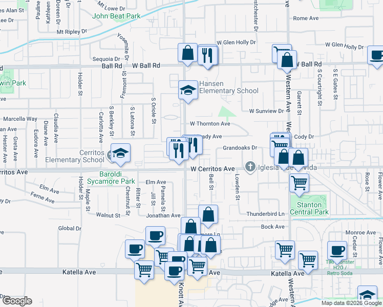 map of restaurants, bars, coffee shops, grocery stores, and more near 1428 South Knott Avenue in Anaheim