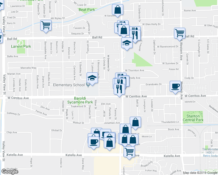 map of restaurants, bars, coffee shops, grocery stores, and more near 3534 Christine Circle in Anaheim