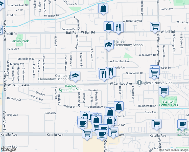 map of restaurants, bars, coffee shops, grocery stores, and more near 3549 West Cornelia Circle in Anaheim