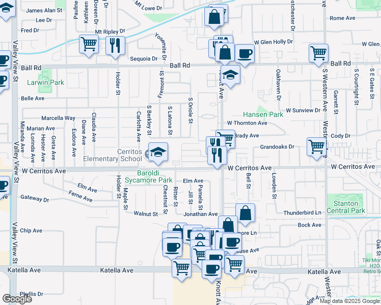 map of restaurants, bars, coffee shops, grocery stores, and more near 3574 Christine Circle in Anaheim