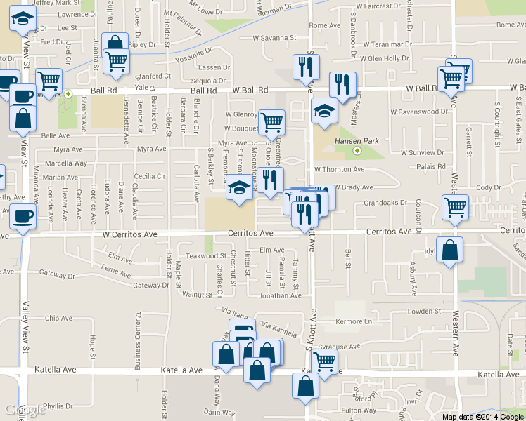map of restaurants, bars, coffee shops, grocery stores, and more near 3574 Christine Circle in Anaheim