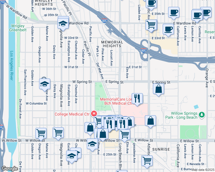 map of restaurants, bars, coffee shops, grocery stores, and more near 156 East Spring Street in Long Beach
