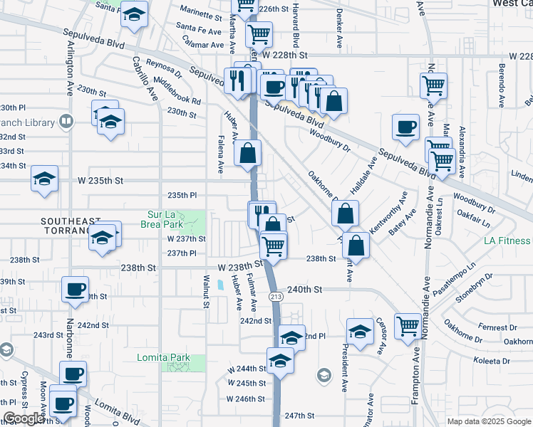 map of restaurants, bars, coffee shops, grocery stores, and more near 23552 South Western Avenue in Los Angeles