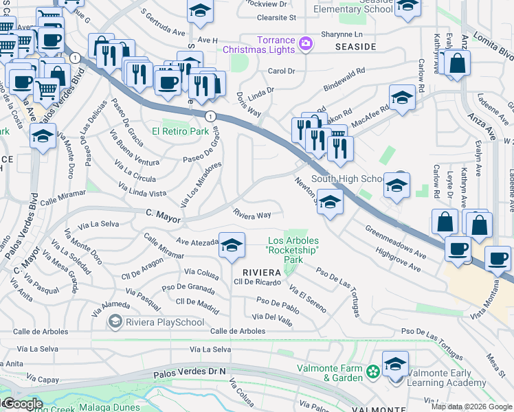 map of restaurants, bars, coffee shops, grocery stores, and more near 23632 Susana Avenue in Torrance