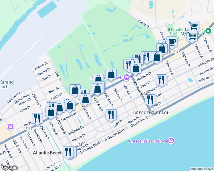 map of restaurants, bars, coffee shops, grocery stores, and more near 1908 Highway 17 South in North Myrtle Beach