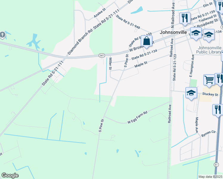 map of restaurants, bars, coffee shops, grocery stores, and more near 40000 0 Pine Street in Johnsonville