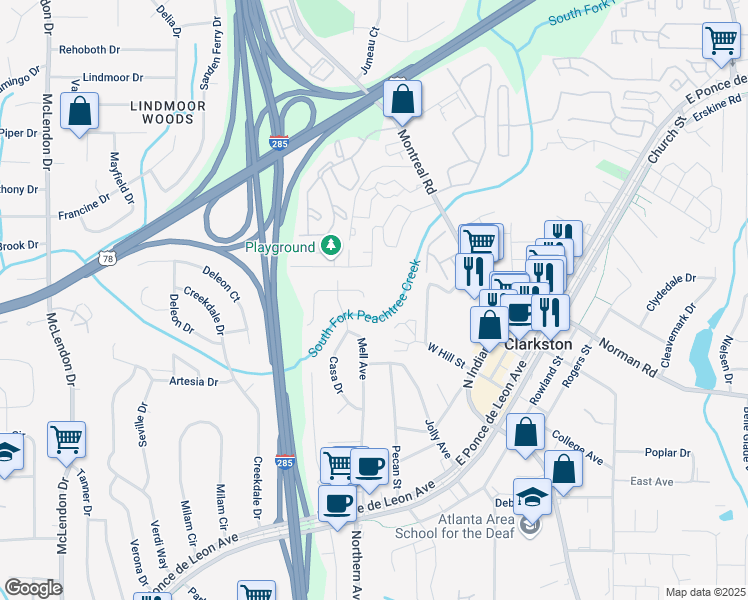 map of restaurants, bars, coffee shops, grocery stores, and more near 3512 Casa Woods Lane in Clarkston