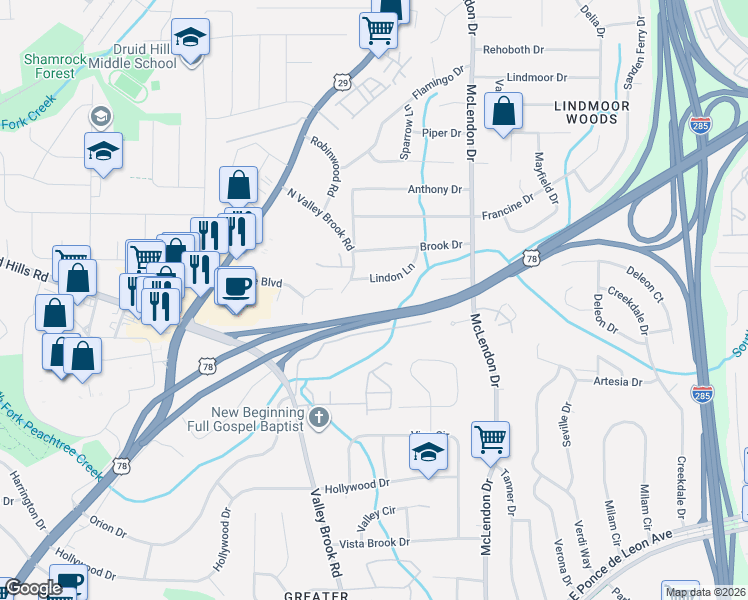 map of restaurants, bars, coffee shops, grocery stores, and more near 3023 Lindon Lane in Decatur