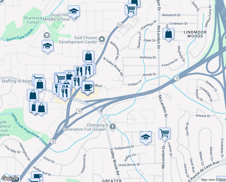 map of restaurants, bars, coffee shops, grocery stores, and more near 2064 Brian Way in Decatur
