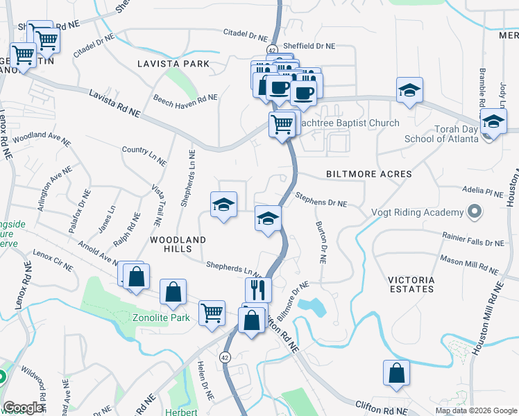 map of restaurants, bars, coffee shops, grocery stores, and more near 1117 Weatherstone Drive Northeast in Atlanta