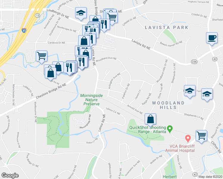 map of restaurants, bars, coffee shops, grocery stores, and more near 2087 Arlington Avenue Northeast in Atlanta