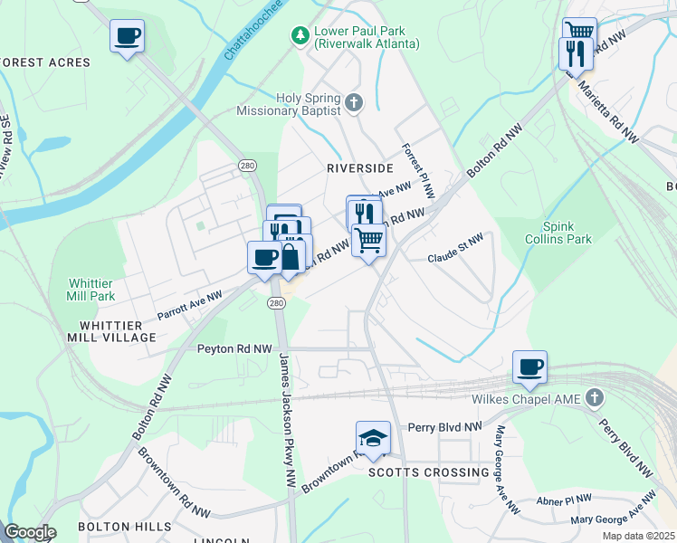 map of restaurants, bars, coffee shops, grocery stores, and more near 2599 Church Street Northwest in Atlanta