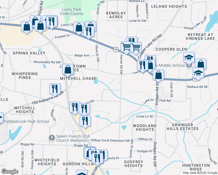 map of restaurants, bars, coffee shops, grocery stores, and more near 5851 Lone Oak Drive Southwest in Mableton
