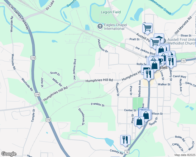 map of restaurants, bars, coffee shops, grocery stores, and more near 3042 Humphries Hill Road in Austell