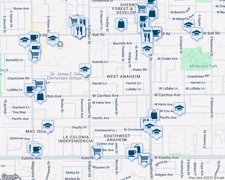 map of restaurants, bars, coffee shops, grocery stores, and more near 9701 Hawkeye Lane in Anaheim