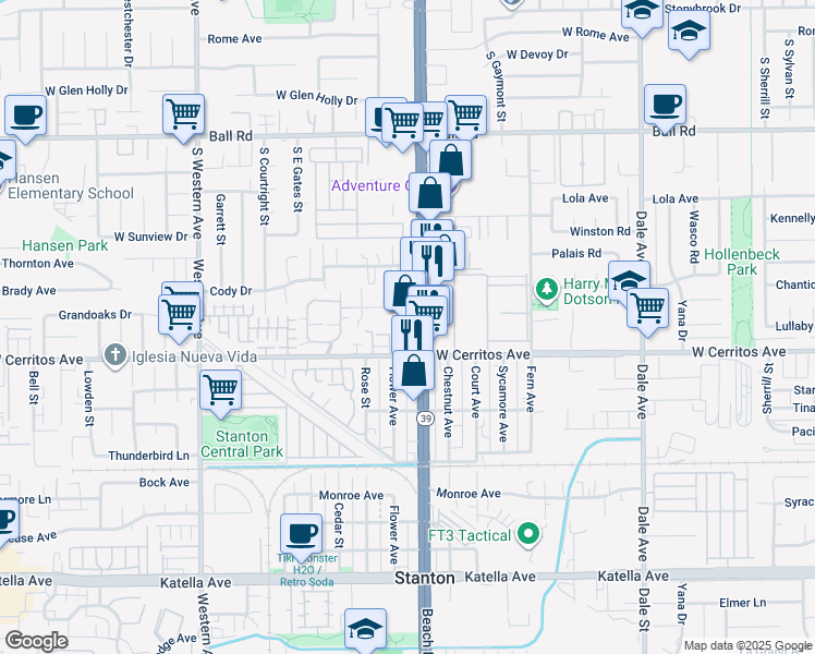 map of restaurants, bars, coffee shops, grocery stores, and more near 10401 Beach Boulevard in Stanton