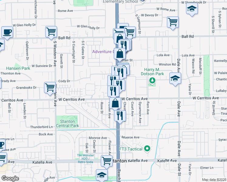 map of restaurants, bars, coffee shops, grocery stores, and more near 10401 Beach Boulevard in Stanton