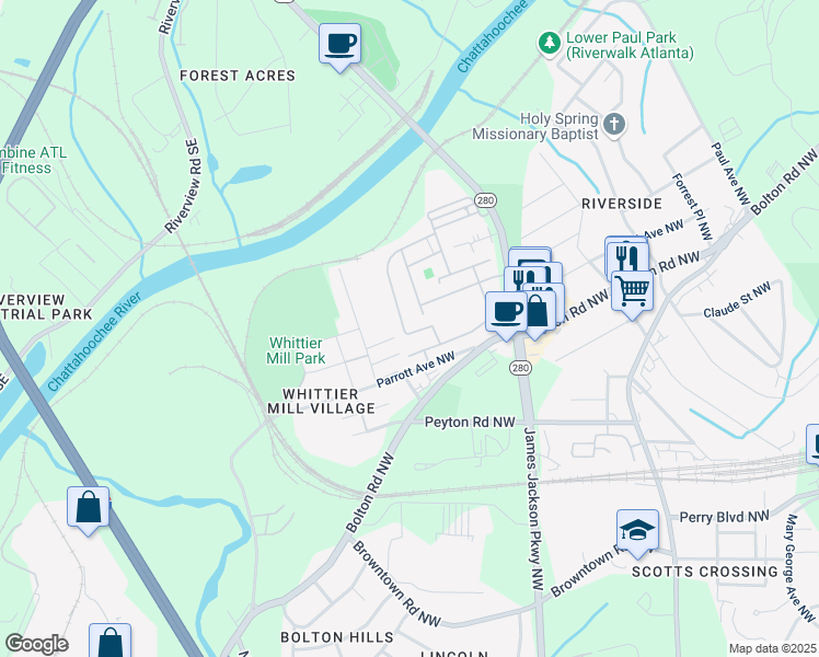 map of restaurants, bars, coffee shops, grocery stores, and more near 2075 Old Georgian Terrace in Atlanta