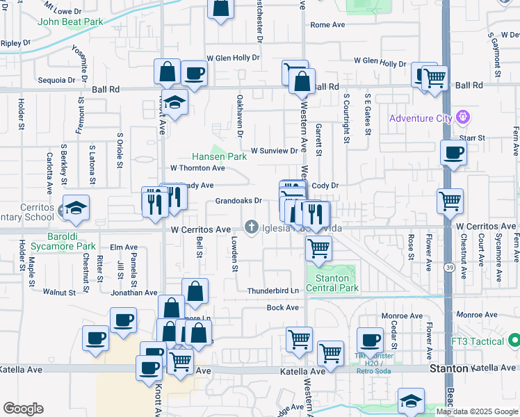 map of restaurants, bars, coffee shops, grocery stores, and more near 10392 Westchester Drive in Stanton