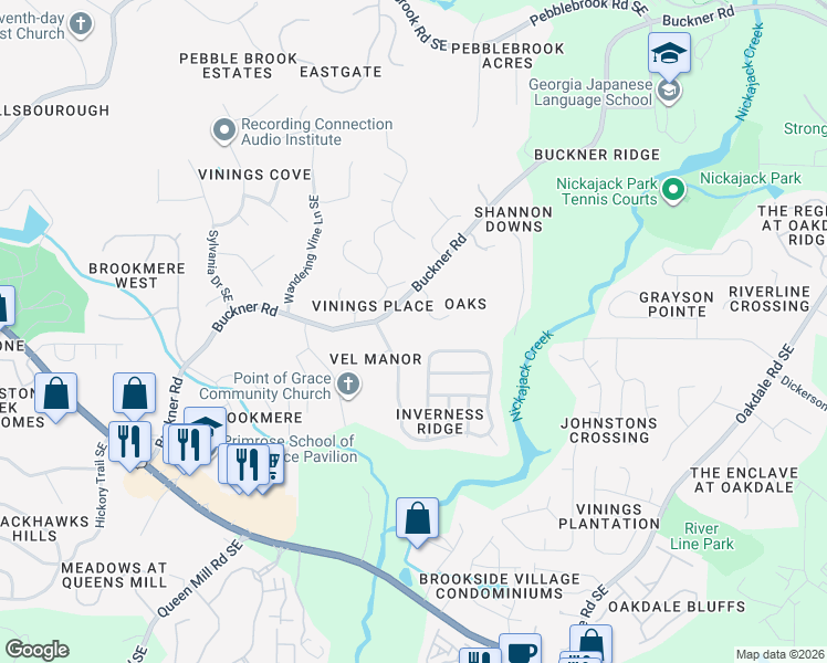map of restaurants, bars, coffee shops, grocery stores, and more near 1150 Buckner Road in Mableton