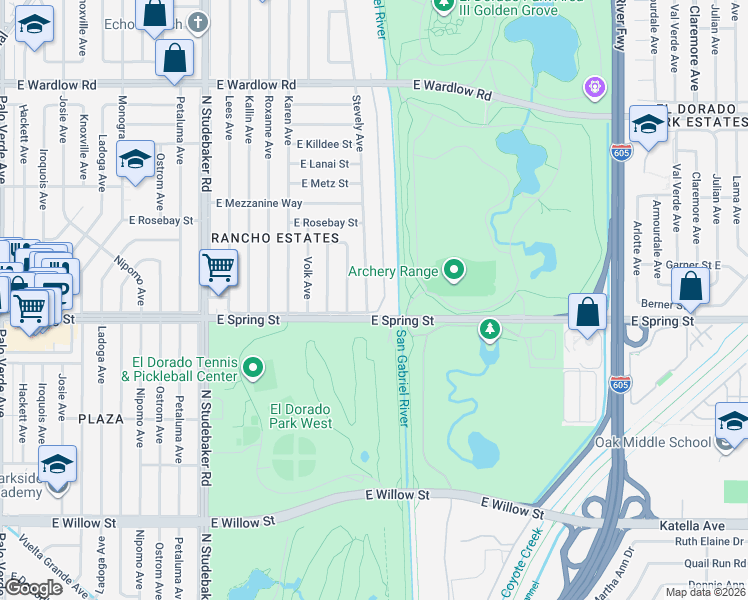 map of restaurants, bars, coffee shops, grocery stores, and more near 3014 Stevely Avenue in Long Beach