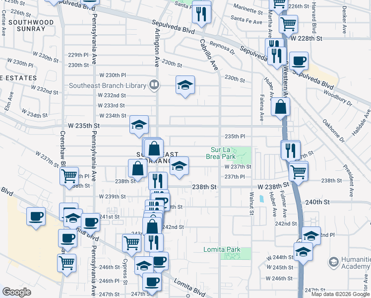 map of restaurants, bars, coffee shops, grocery stores, and more near 2108 West 236th Street in Torrance