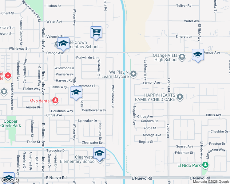map of restaurants, bars, coffee shops, grocery stores, and more near 2175 Willowbrook Lane in Perris