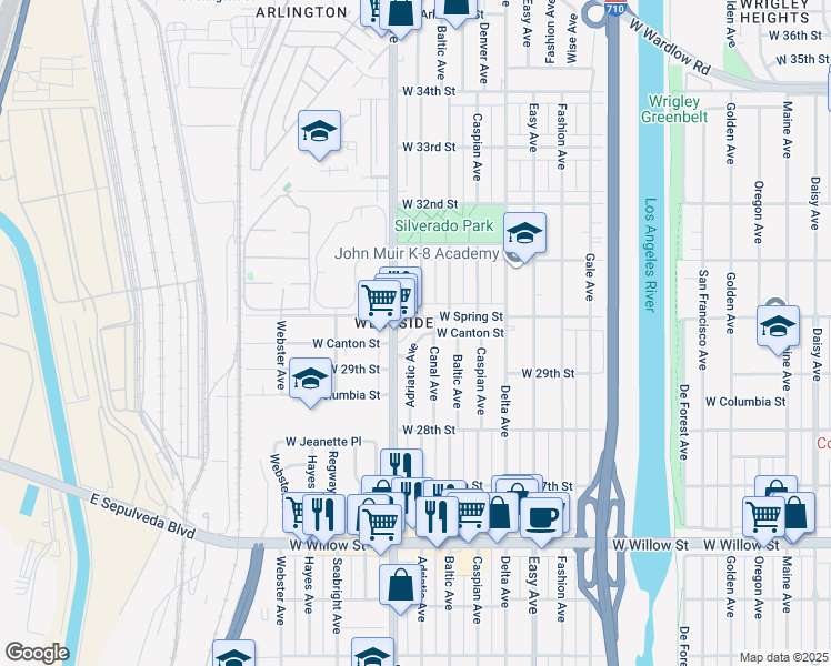 map of restaurants, bars, coffee shops, grocery stores, and more near 2941 Adriatic Avenue in Long Beach