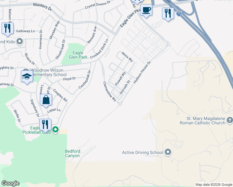 map of restaurants, bars, coffee shops, grocery stores, and more near 2523 Verna Drive in Corona
