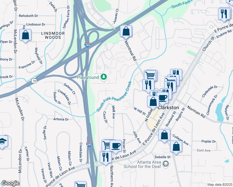 map of restaurants, bars, coffee shops, grocery stores, and more near 3512 Casa Woods Lane in Clarkston