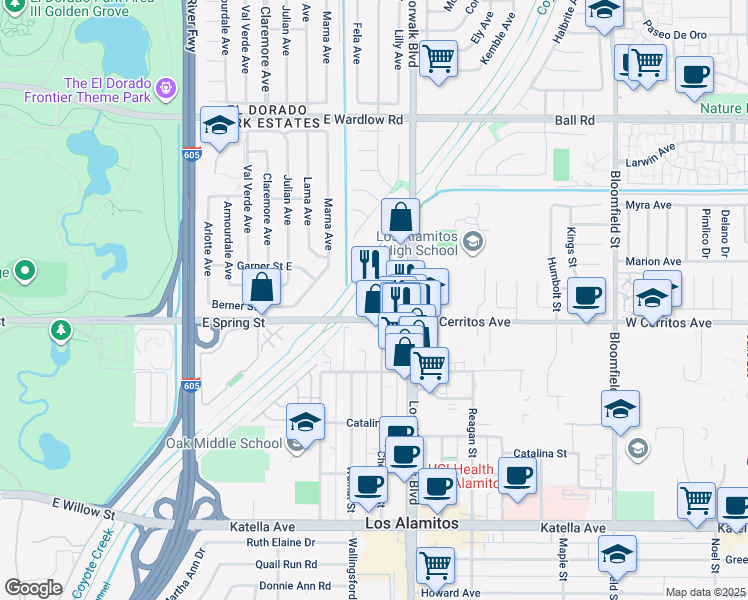 map of restaurants, bars, coffee shops, grocery stores, and more near 3381 West Cerritos Avenue in Los Alamitos