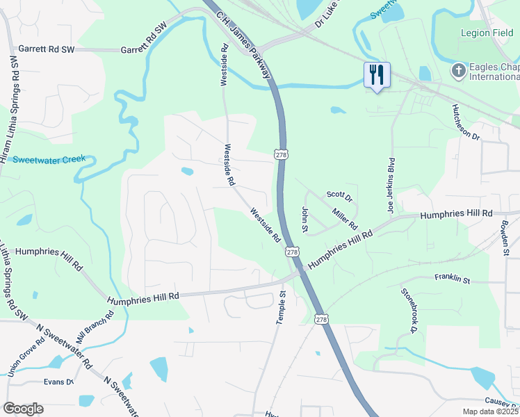 map of restaurants, bars, coffee shops, grocery stores, and more near 5804 Westside Road in Austell
