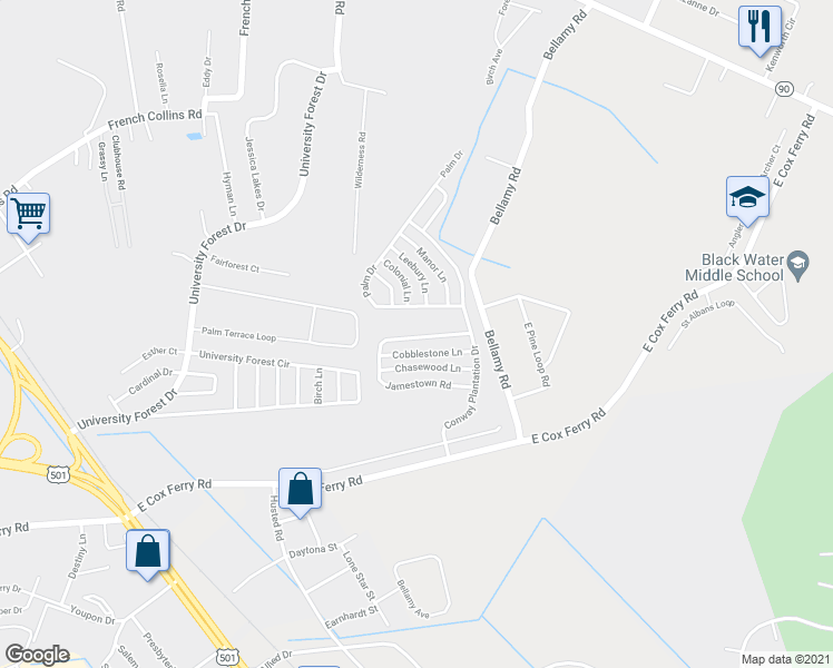 map of restaurants, bars, coffee shops, grocery stores, and more near 966 Jamestown Road in Conway