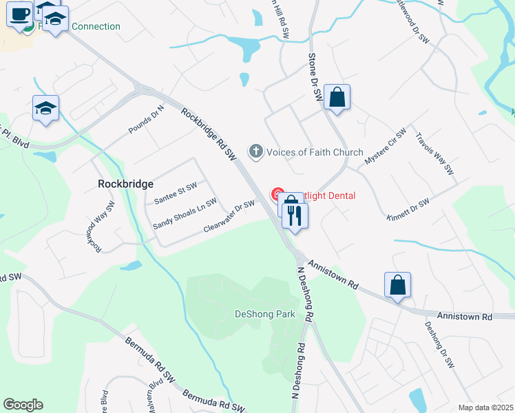 map of restaurants, bars, coffee shops, grocery stores, and more near 5132 Clearwater Drive Southwest in Stone Mountain