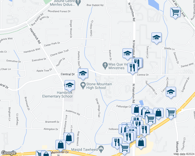 map of restaurants, bars, coffee shops, grocery stores, and more near 1108 Old Saybrook Court in Stone Mountain