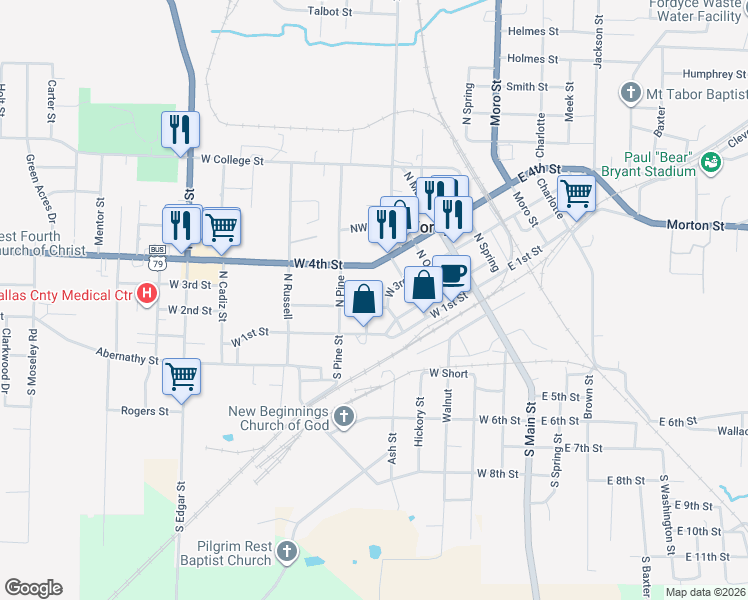 map of restaurants, bars, coffee shops, grocery stores, and more near 306 South Pine Street in Fordyce