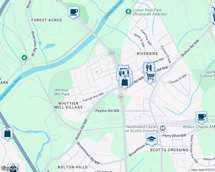 map of restaurants, bars, coffee shops, grocery stores, and more near 2066 Hatteras Way Northwest in Atlanta