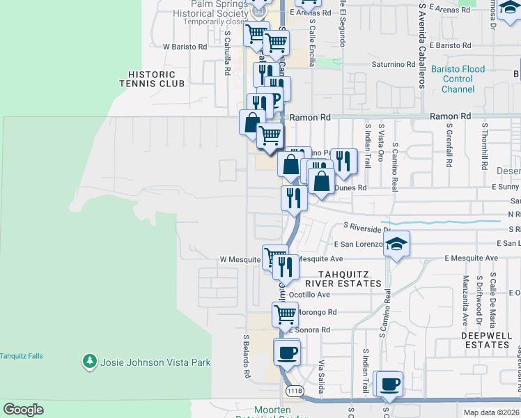 map of restaurants, bars, coffee shops, grocery stores, and more near 190 Obsidian Loop North in Palm Springs