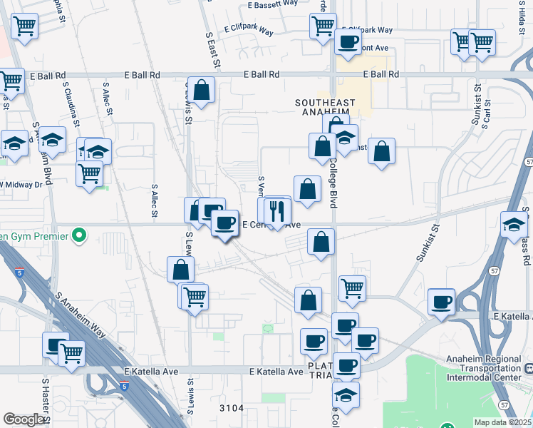map of restaurants, bars, coffee shops, grocery stores, and more near 1501 East Cerritos Avenue in Anaheim