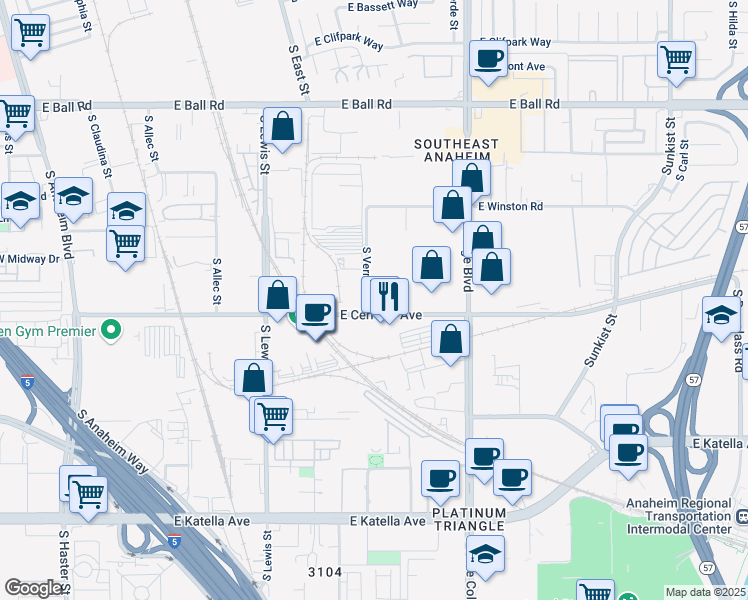 map of restaurants, bars, coffee shops, grocery stores, and more near 1501 East Cerritos Avenue in Anaheim