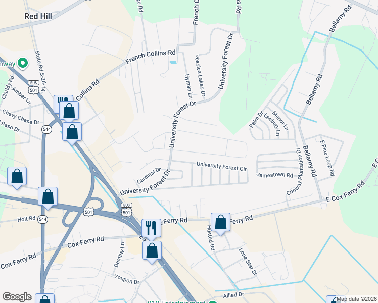 map of restaurants, bars, coffee shops, grocery stores, and more near 261 Palm Terrace Loop in Conway