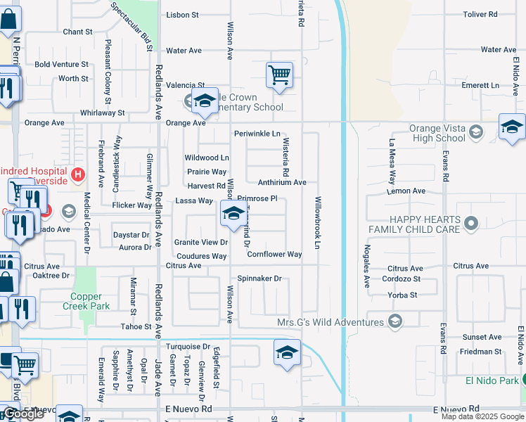 map of restaurants, bars, coffee shops, grocery stores, and more near 690 Myrtle Avenue in Perris