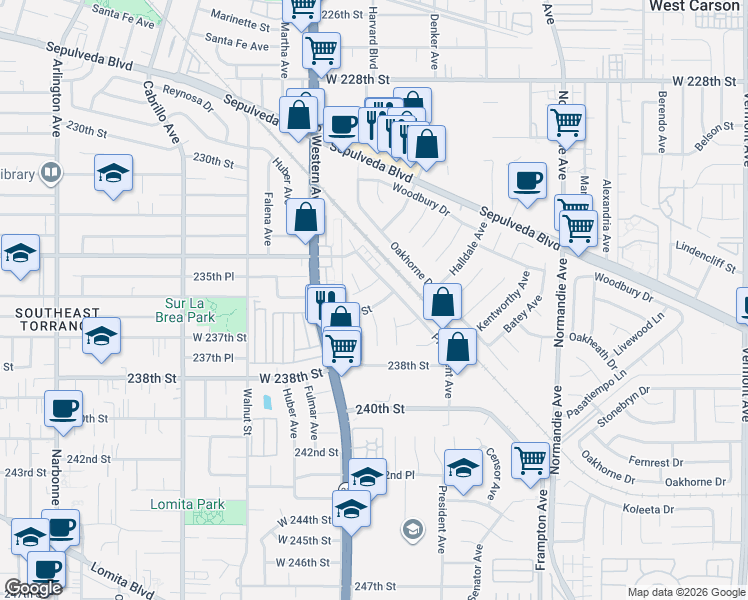 map of restaurants, bars, coffee shops, grocery stores, and more near 1517 237th Street in Los Angeles